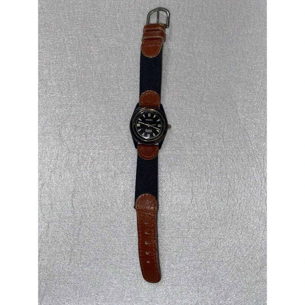 Vintage Gruen Precision Women's Watch Black Silver Teal Roman Numerals 30mm